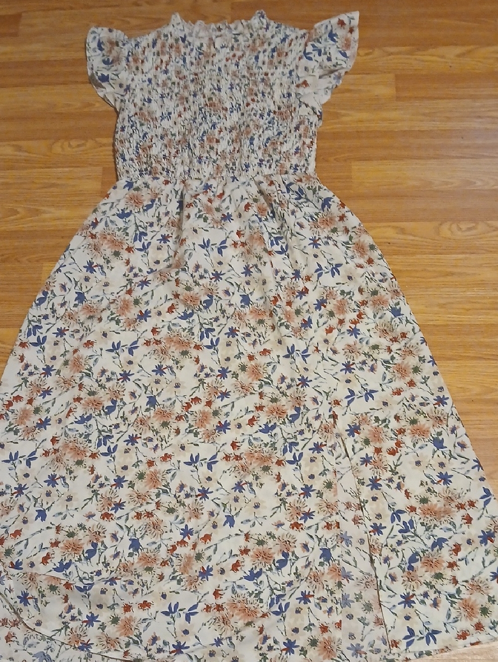 Sason Floral Midi Dress in White with Blue & Rust Flowers